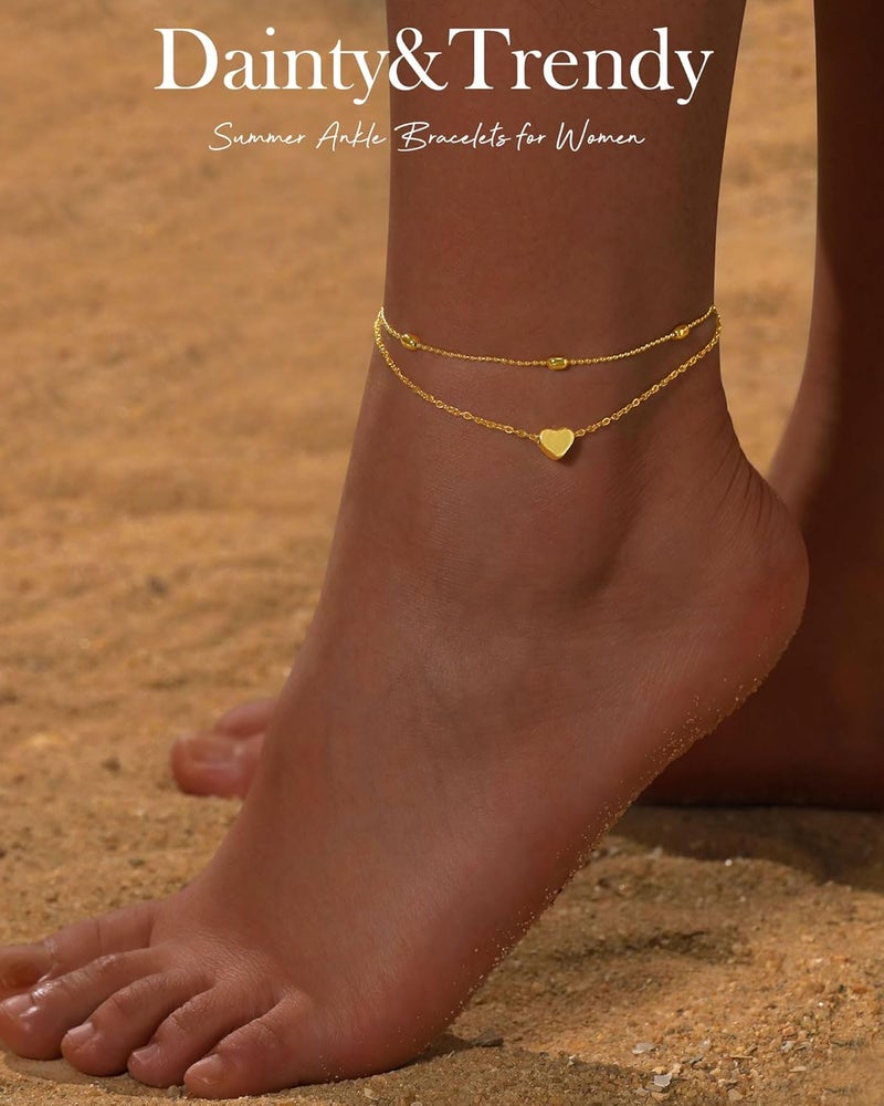 FUNEIA Gold Silver Ankle Bracelets for Women Waterproof 14K Gold Plated Anklets for Women Non Tarnish Dainty Layered Beaded Heart Anklet Set Summer Beach Foot Chain Jewelry Gifts Trendy Stuff - Image 1